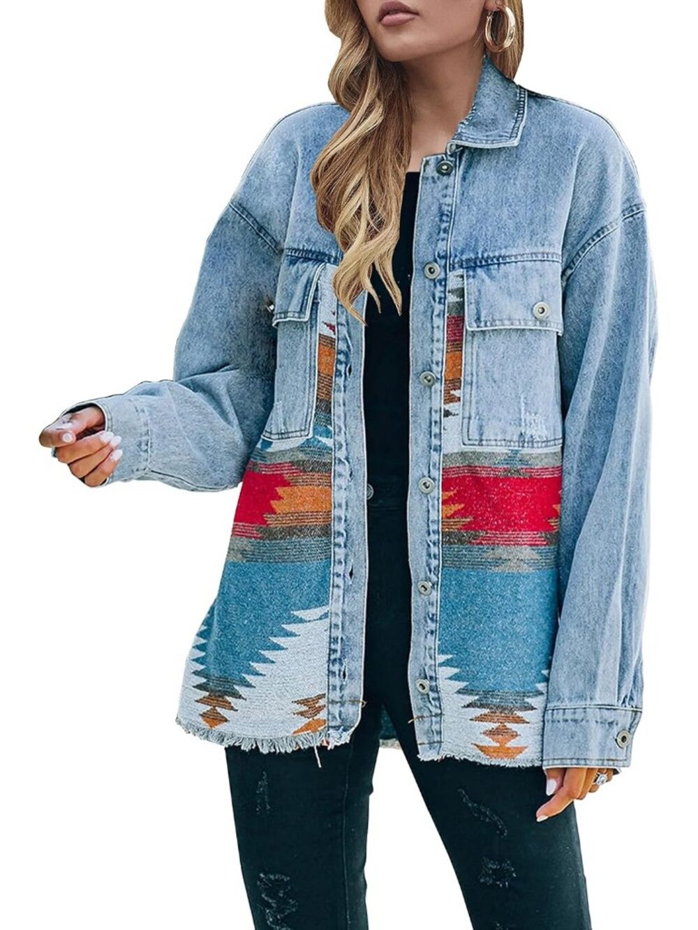 Women's Aztec Denim Jacket Distressed Lapel Long Sleeve Vintage Button Down Deni